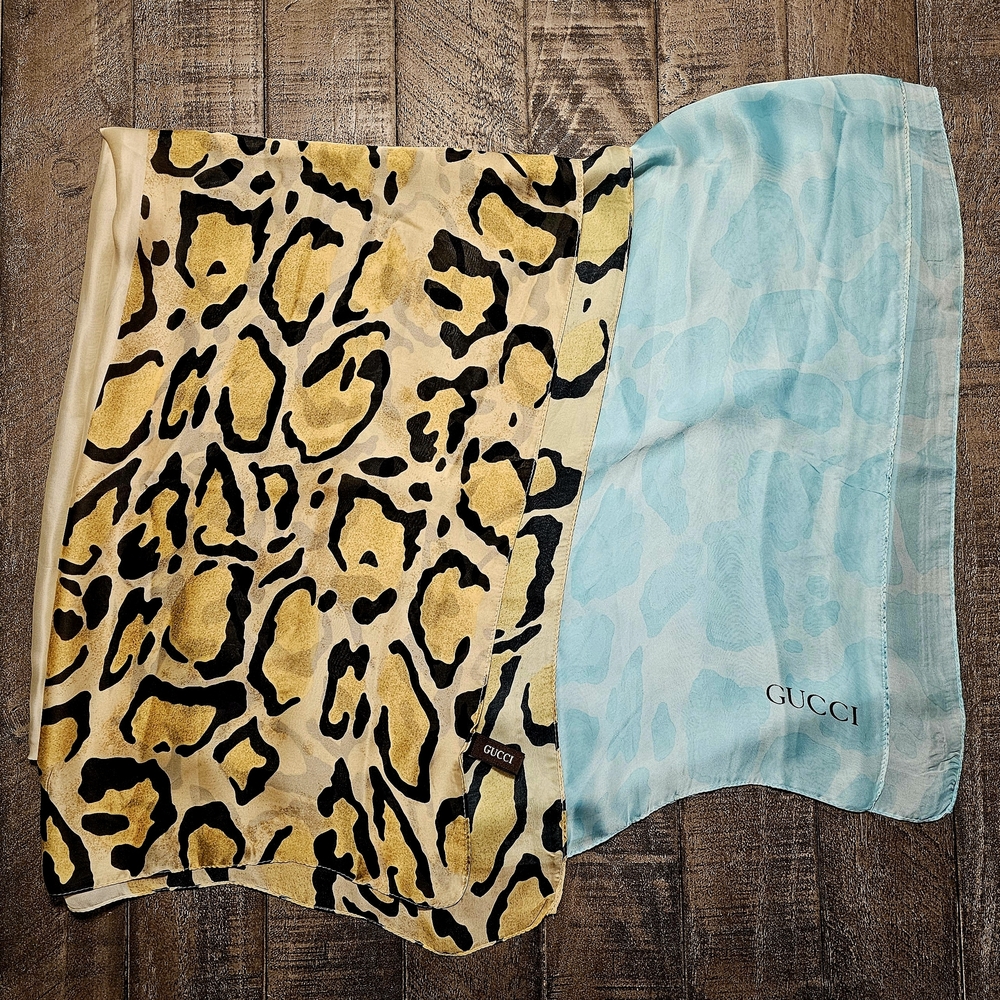 Gucci Silk Scarf with Leopard and Aqua Design